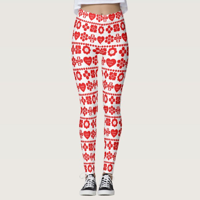 Red floral and heart pattern for Valentine's Day Leggings (Vorderseite)