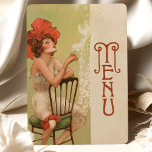 Red Floral Art Nouveau Wedding Menu Card Einladung<br><div class="desc">Mit dieser im Jugendstil inspirierten Menükarte verleihen Sie Ihrem Hochzeitstisch zeitlose Eleganz. Das Design mit einer auffälligen Figur, die mit einem fett roten Blumenkopfteil geschmückt ist und auf einem Vintagen grünen Stuhl sitzt, besticht durch Eleganz und Charme. Die weiche Creme und der schlaue grüne Hintergrund harmonieren harmonisch mit den lebhaften...</div>