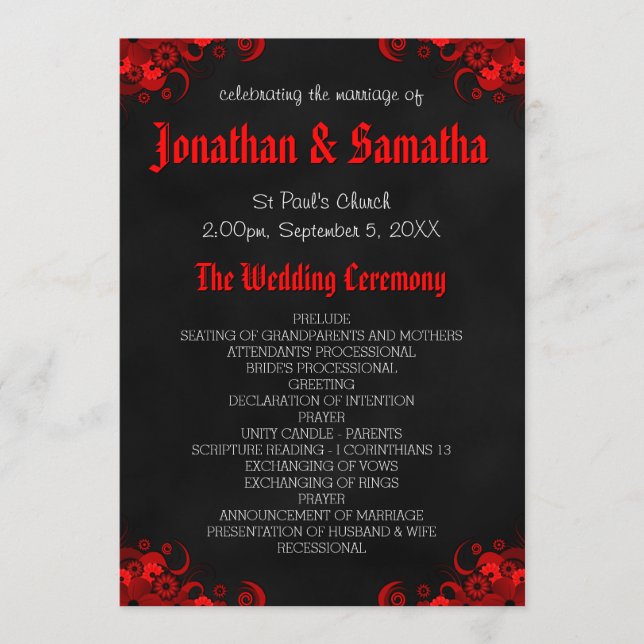 Red Floral Black Chalkboard Programme de mariage g (Devant)