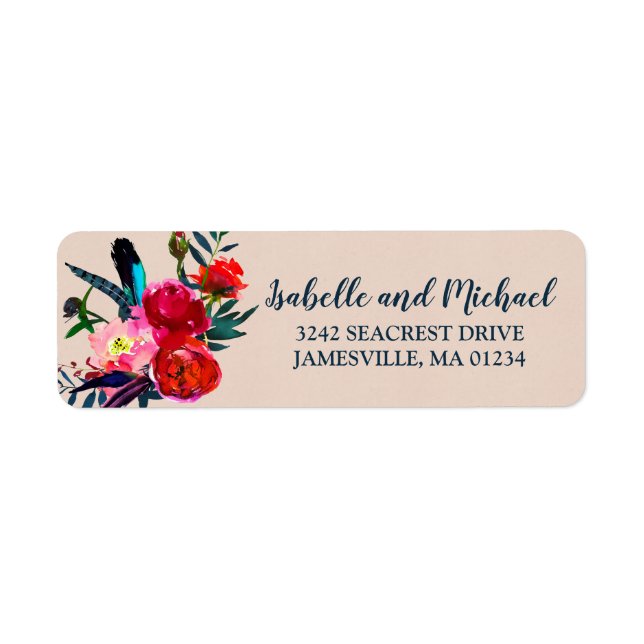 Red Floral & Blue Feathers Rücksendeadressen-Aufkl (Vorne)