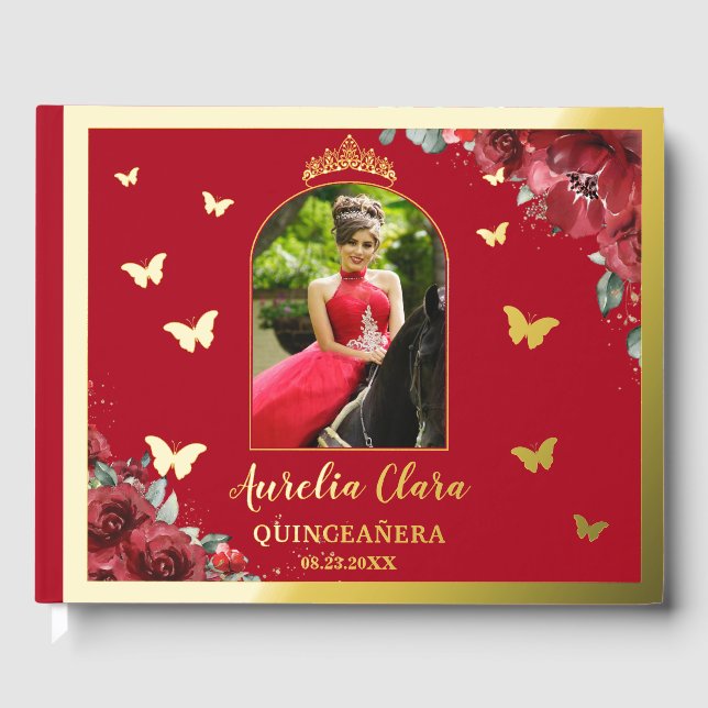 Red Floral Blume Gold Quinceñera Quince Foto Gästebuch (Vorderseite)