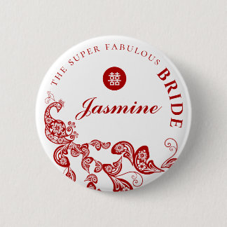 Red Floral Boho Chic Peacock Asian Wedding Party Button