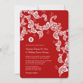 Red Floral Boho Peacock Chinesische Hochzeit Einladung