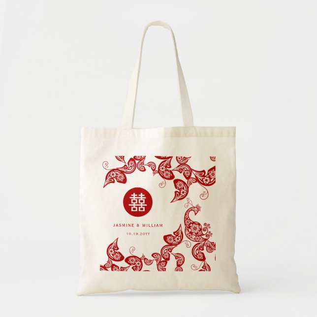 Red Floral Boho Peacock Chinesische Hochzeit Tragetasche (Vorne)