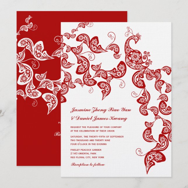 Red Floral Boho Peacock Eastern Chic Asiatische Ho Einladung (Vorne/Hinten)