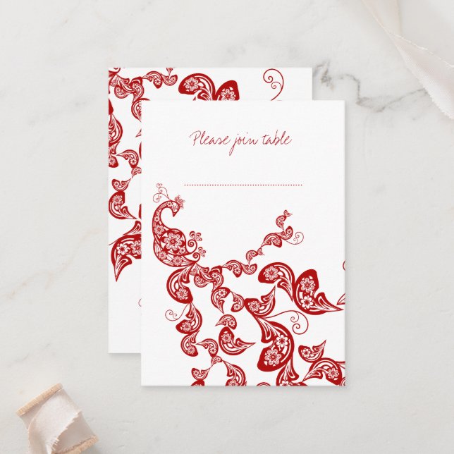 Red Floral Boho Peacock Eastern Chic Asiatische Ho Platzkarte (Vorderseite/Rückseite Beispiel)