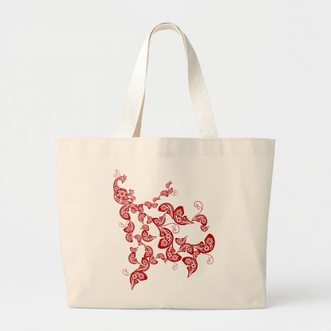 Red Floral Boho Peacock Elegantes orientalisches C Jumbo Stoffbeutel (Vorne)