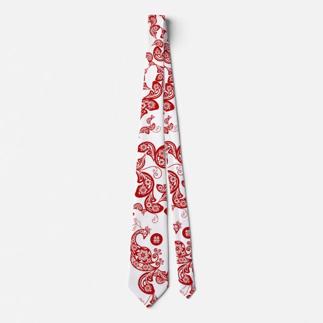 Red Floral Boho Peacock Elegantes orientalisches C Krawatte (Vorderseite)