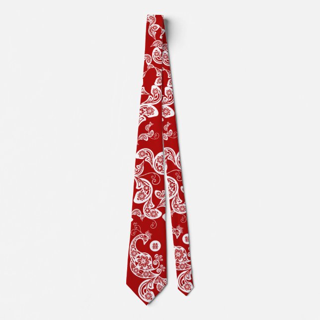 Red Floral Boho Peacock Elegantes orientalisches C Krawatte (Vorderseite)