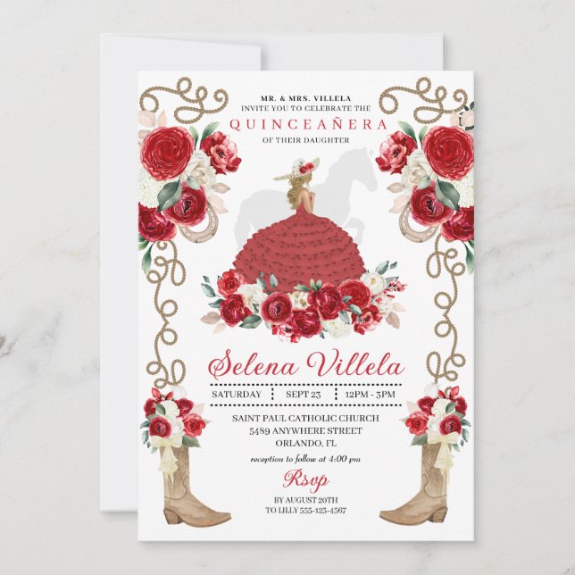 Red Floral Boots Rose Western Quinceañera Einladung (Vorderseite)
