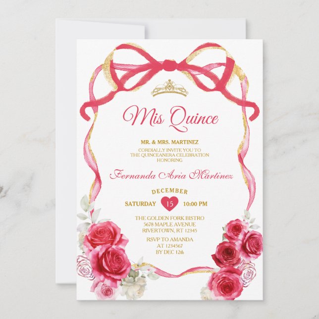 Red Floral Bow Ribbon Gold Crown Girl Mis Quince Einladung (Vorderseite)
