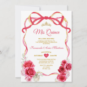 Red Floral Bow Ribbon Gold Crown Girl Mis Quince Einladung
