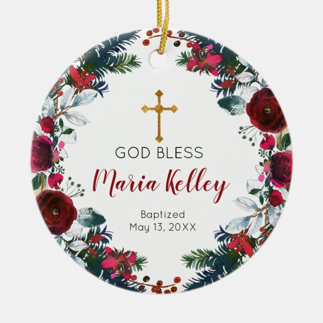 Red Floral Burgundy Personalisiert Girl Baptisse Keramik Ornament (Vorne)