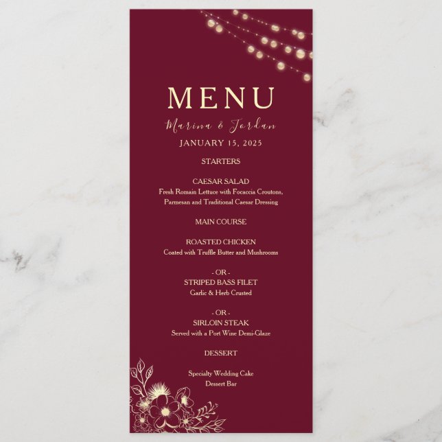 Red Floral Burgundy Wedding Menükarte (Vorderseite)