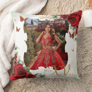 Red Floral Butterfells Picture Quinceañera Memento Kissen