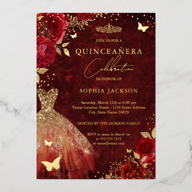 Red Floral Butterfly Gold Dress Quinceanera Folieneinladung (Vorderseite)