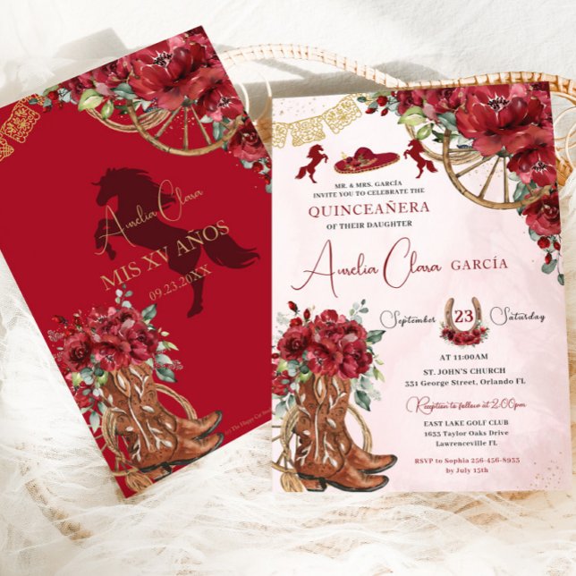 Red Floral Charro Horseshoe Boots Quinceañera Einladung (Von Creator hochgeladen)