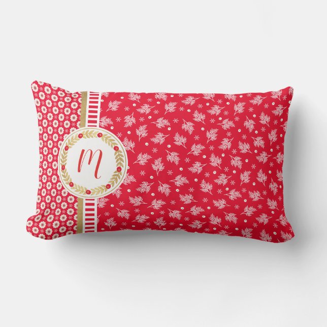 Red Floral Christmas Monogram Lumbar Pillow Lendenkissen (Vorderseite)