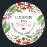 Red Floral Christmas Wedge Rücksendeadresse Label Runder Aufkleber<br><div class="desc">Nehmen Sie sich die Mühe,  dieses Jahr Weihnachtskarten mit diesen hübschen Rücksendeadressen-Aufklebern mit Blumenkranz auszusenden. Mit einem Aquarellkranz aus roten Blume,  grünen Blätter,  Imitaten Goldstaub,  einem niedlichen roten Herz,  Kalligraphie-Skript und einem leicht anpassbaren Rücksendelabel-Template.</div>