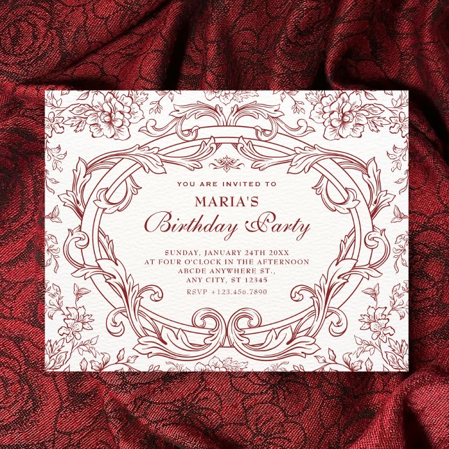 Red Floral classic vintage birthday Einladung (Von Creator hochgeladen)