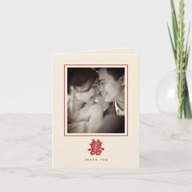 Red Floral Double Happy Chinese Wedding Foto Dankeskarte (Vorderseite)