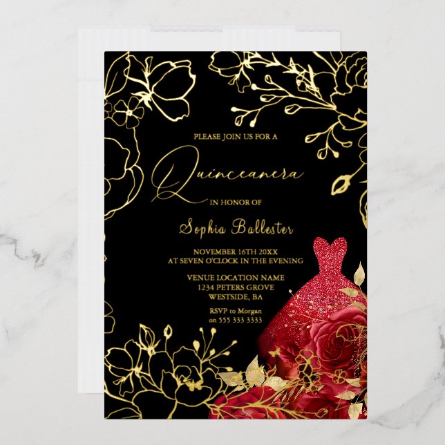 Red Floral & Dress Black Quinceanera Gold Blätter Folieneinladung (Briefumschlag)
