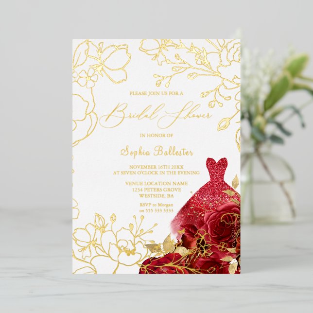 Red Floral & Dress Brautparty Gold Blätter Folieneinladung (Stehend vorne)
