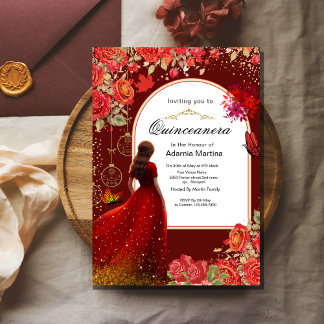 Red Floral Dress Butterfly Quinceanera Gold Folieneinladung