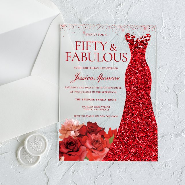 Red Floral Fifty & Fabulous 50th Birthday Party Acryleinladungen (Von Creator hochgeladen)