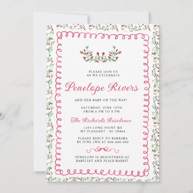 Red Floral Garden Grandmillennial Baby Dusche Einladung (Vorderseite)