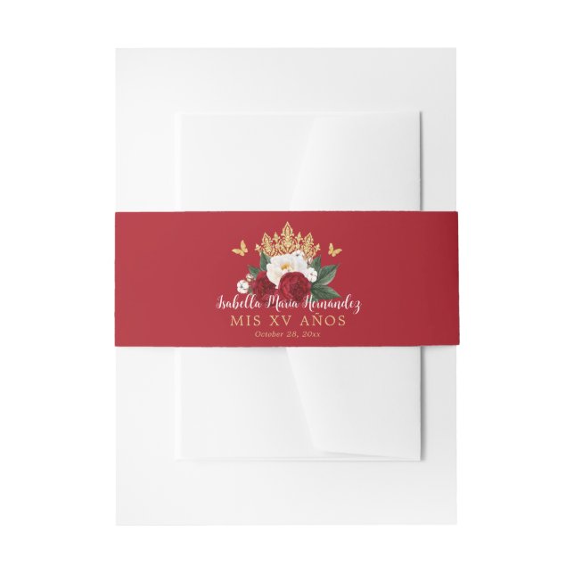 Red Floral Gold Crown Quinceañera Einladungsbanderole (Vorderseite Beispiel)