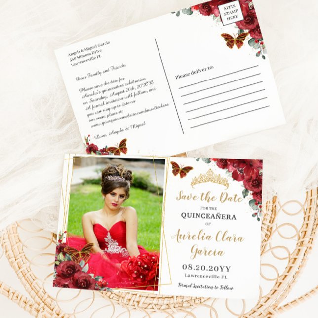 Red Floral Gold Geometric Quinceñera Fotografie Ankündigungspostkarte (Von Creator hochgeladen)