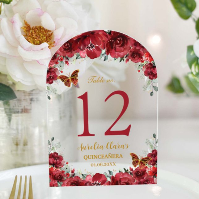 Red Floral Gold Quinceañera XV 16 Tischnummer (Von Creator hochgeladen)