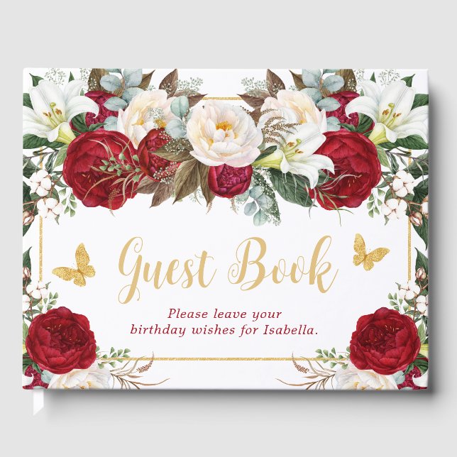 Red Floral Gold Schmetterlinge Foto Quinceañera Gästebuch (Vorderseite)