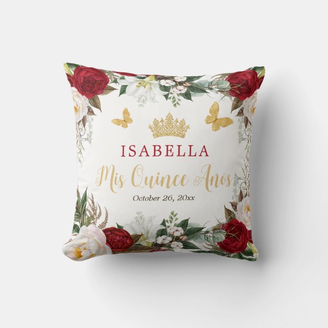 Red Floral Gold Schmetterlinge Quinceañera Kissen (Vorderseite)