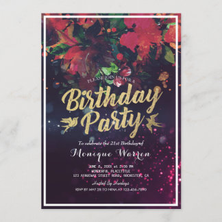 Red Floral Gold Script Lila Einladung