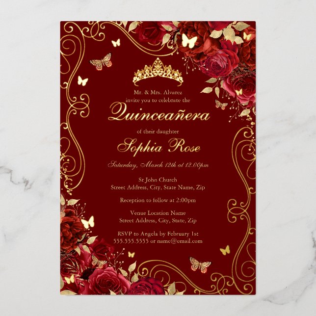 Red Floral Gold Swirl Butterfly Quinceanera Folieneinladung (Vorderseite)