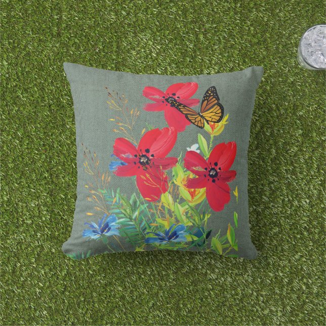 Red Floral Gray Burlap Kissen (Golfball-Marker)