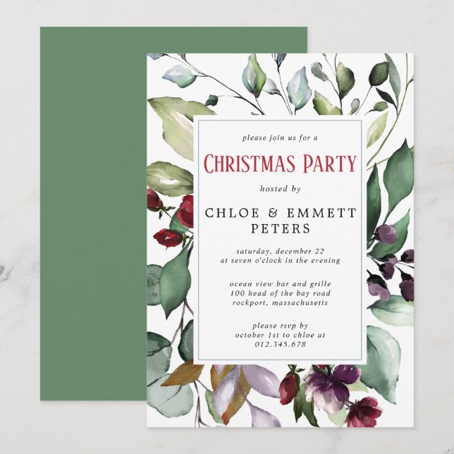 Red Floral Green Blätter Weihnachts-Party Einladung (Vorne/Hinten)