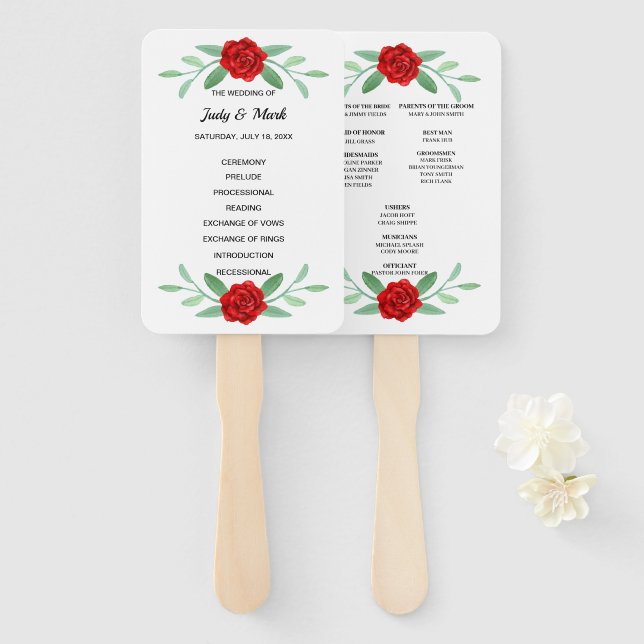 Red Floral Greenery Foliage Wedding Program Fans Fächer (Vorne und Hinten)