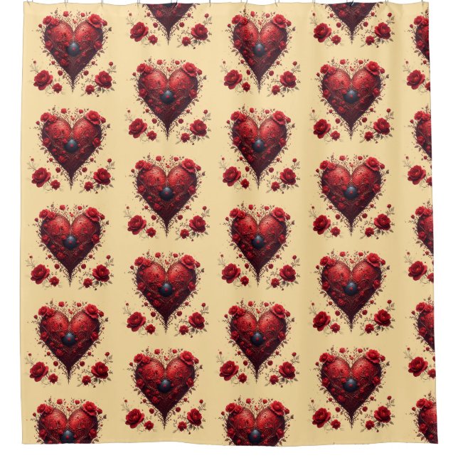 Red Floral Heart Design With Blooming Flowers Duschvorhang (Vorderseite)
