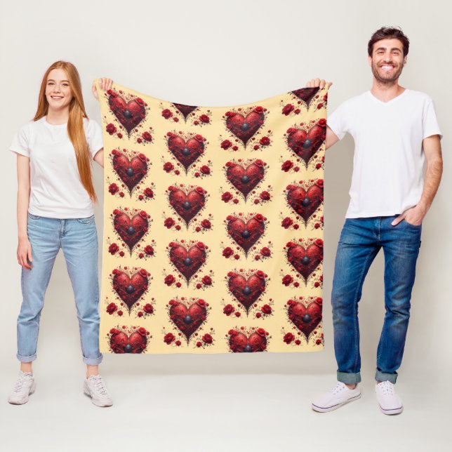 Red Floral Heart Design With Blooming Flowers Fleecedecke (Beispiel)