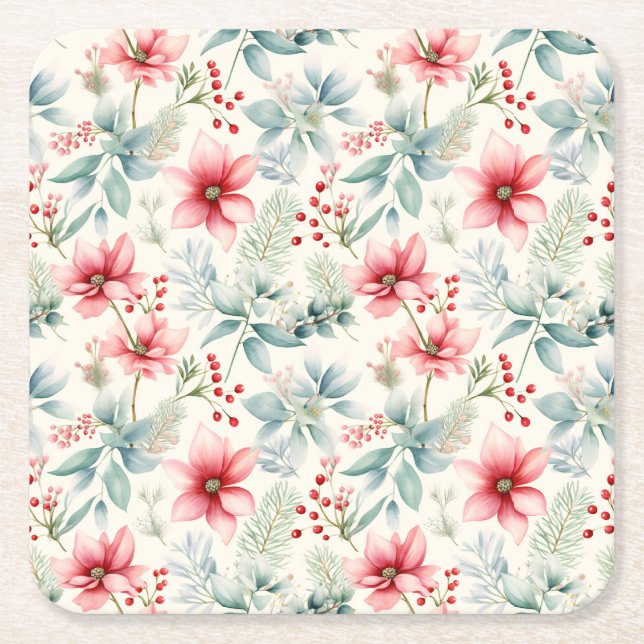 Red Floral Holiday Paper Untersetzer (Vorderseite)