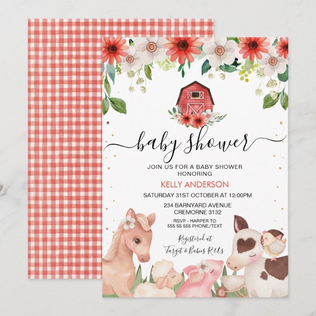 Red Floral Karierte Landtiere Kinderdusche Einladung (Vorne/Hinten)