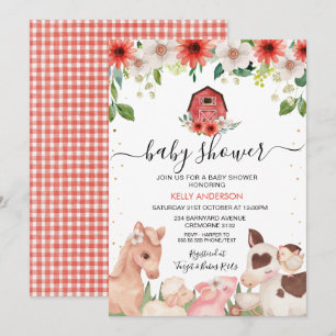 Red Floral Karierte Landtiere Kinderdusche Einladung