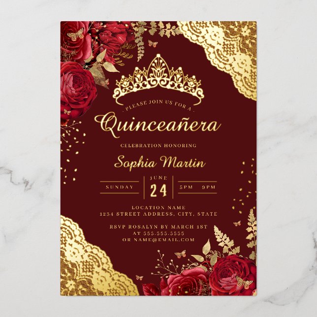 Red Floral Lace Quinceanera Folieneinladung (Vorderseite)