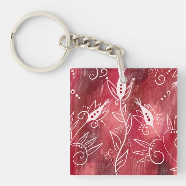 Red Floral Pattern Schlüsselanhänger (Vorderseite)