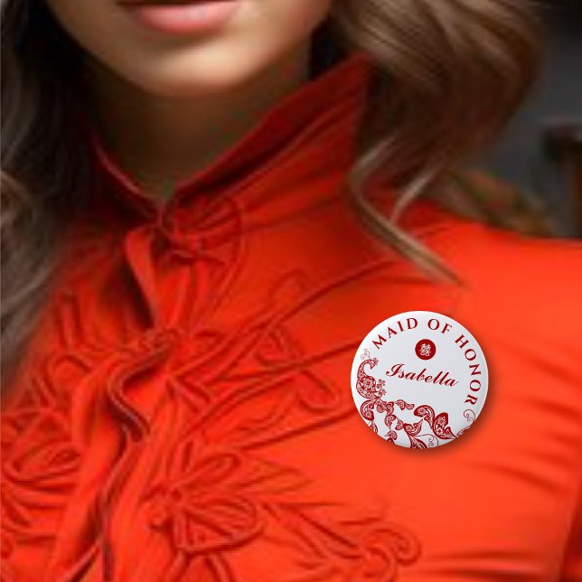 Red Floral Peacock Asian Wedding Trauzeugin Button (MAID OF HONOR Red Boho Peacock Double Happiness Chinese Wedding Pin Button @ fatfatin_red_knot)