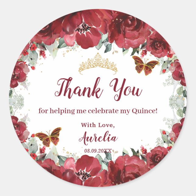 Red Floral Peony Butterflies Quinceanera Gefallen Runder Aufkleber (Vorderseite)