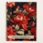 Red Floral Peony Pattern Personalisiert Planer<br><div class="desc">Schöne und elegante große rote wiederholen Blumen-Ponys auf einem schwarzen Hintergrund Planer. Fügen Sie Ihren Namen vor diesem eleganten Planer, um diese Schönheit noch individueller zu gestalten.</div>